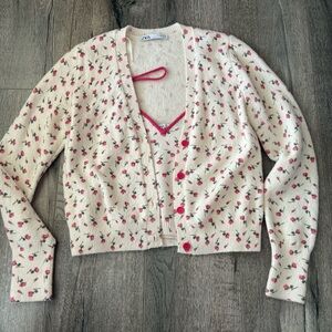 Zara Cream and Pink Floral Cardigan